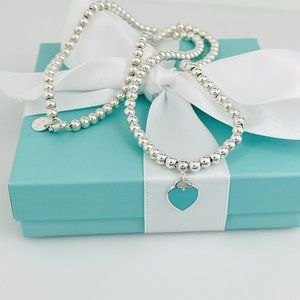 18" Return to Tiffany Necklace Heart Tag Bead Necklace with Blue Enamel